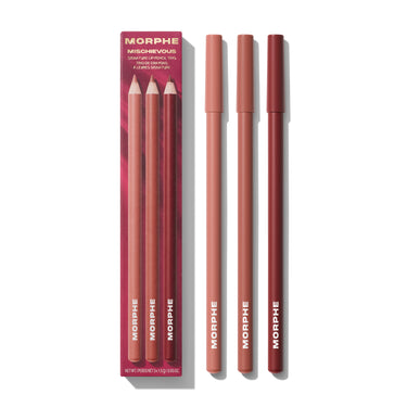 Morphe lipstick pencils with packaging on a white background | Mischievous Signature Lip Pencil Trio