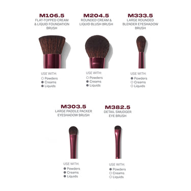 Set of makeup brushes with specifications on a white background