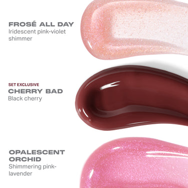 FROSE ALL DAY
Iridescent pink-violet
shimmer

SETEXCLUSIVE
CHERRY BAD
Black cherry ‘
OPALESCENT
ORCHID
Shimmering pink-
lavender
 | Misbehaved Mini Dripglass Lip Gloss Trio | Secondary image