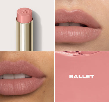 Lipstick with pink cap and pink lipstick on lips, labeled 