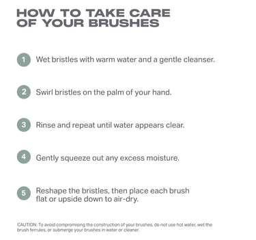 HOW TO TAKE CARE OF YOUR MORPHE BRUSHES

If you’re using your brushes often, we recommend that you clean them routinely. Cleaning your brushes helps extend their lives and maintain their truest color payoff, while supporting healthy skin. Here’s how we do it:

Wet the bristles with warm water and a small amount of mild soap or brush cleanser.
Gently swirl the bristles on the palm of your hand.
Rinse the bristles and repeat until the water appears clear.
Gently squeeze out any excess moisture with your hand