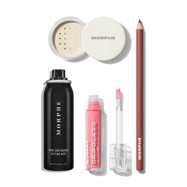 Morphe makeup products including a setting spray, powder, pencil, and lip gloss on a white background.